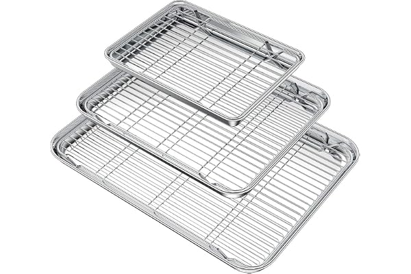 Wildone Baking Sheet with Rack Set (3 Pans + 3 Racks), Stainless Steel Baking Pan Cookie Sheet with Cooling Rack, Non Toxic &