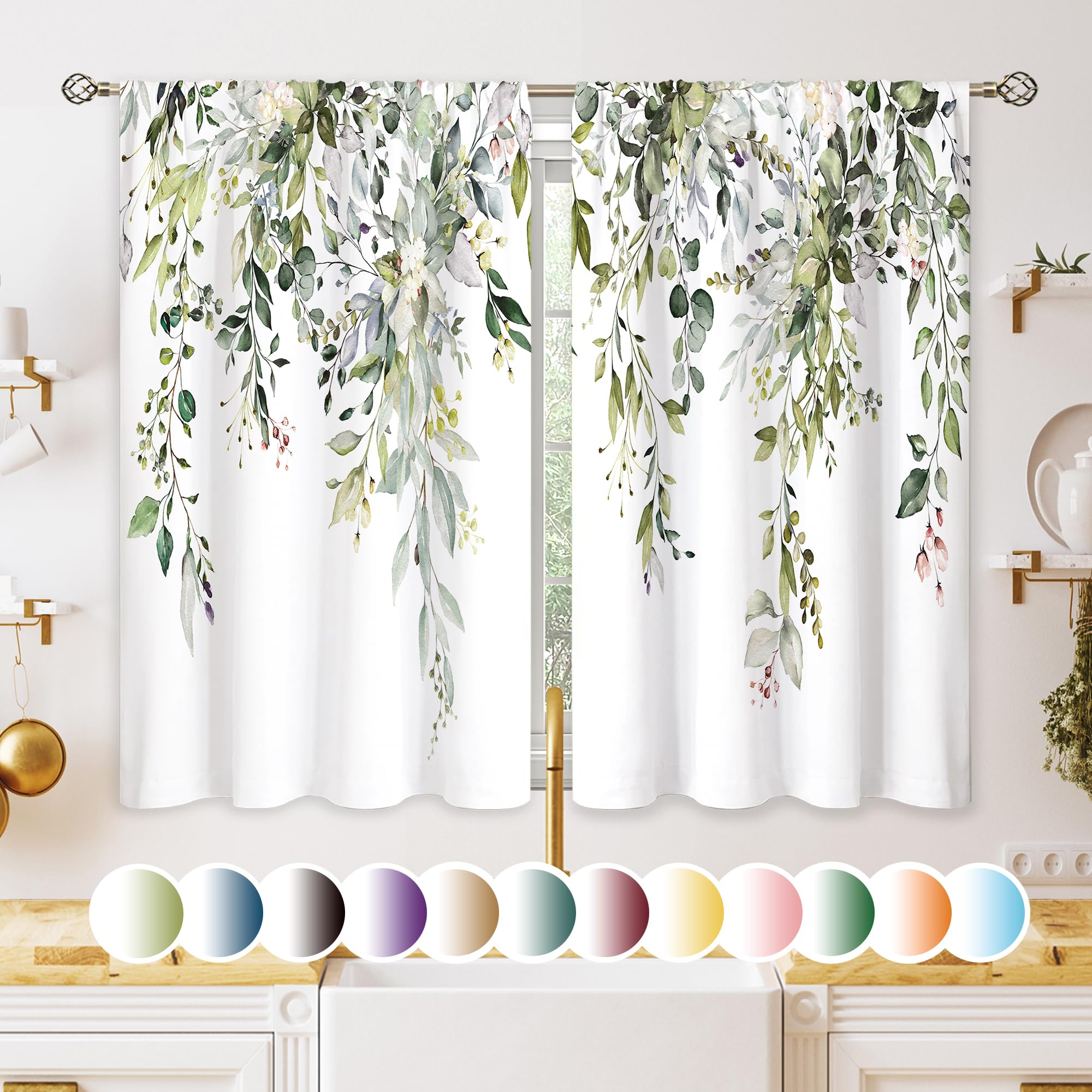 oolygoo Eucalyptus Botanical Leaves Floral Kitchen Window Curtains Over Sink Boho Farmhouse Flower Leaf Small Window Treatment Sage Green Cafe Short Curtains for Bathroom Tier Drapes 27.5x39 inch