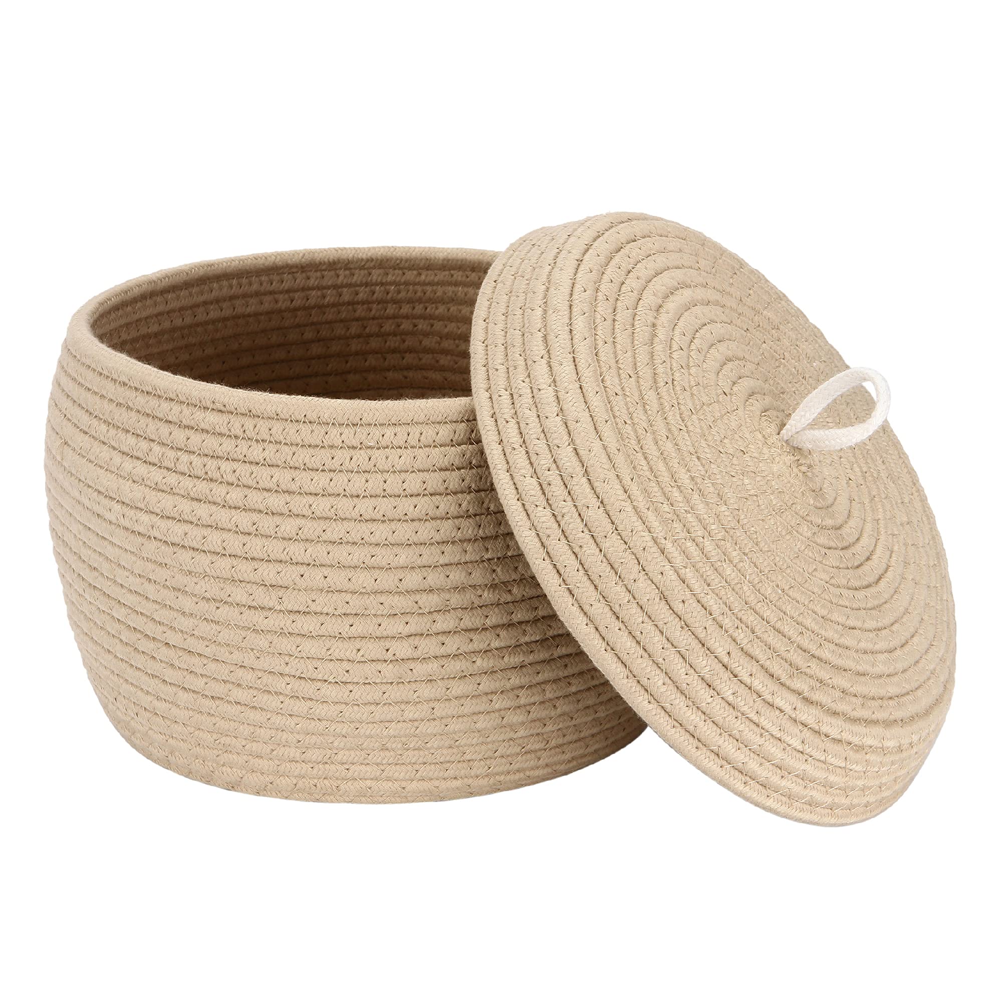 Sea Team Round Cotton Rope Storage Basket with Lid, Decorative Woven Storage Bin, Pot, Caddy, Organizer, Container for Snacks, Towels, Plants, 10 x 7.5 Inches (Small Size, Khaki)