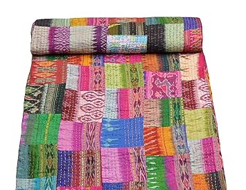 Garvanshi Fabrics Patola Silk Twin Size Inidian Saree Kantha Blanket (Multicolour, 60x90-inch)