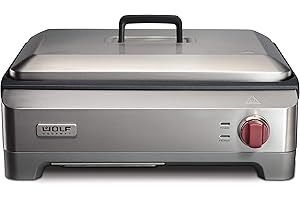 Wolf Gourmet Precision Electric Griddle, Indoor Grill, 200 sq. in, Nonstick Coating, Advanced Temperature Control, Stainless Steel, Red Knob (WGGR100S)