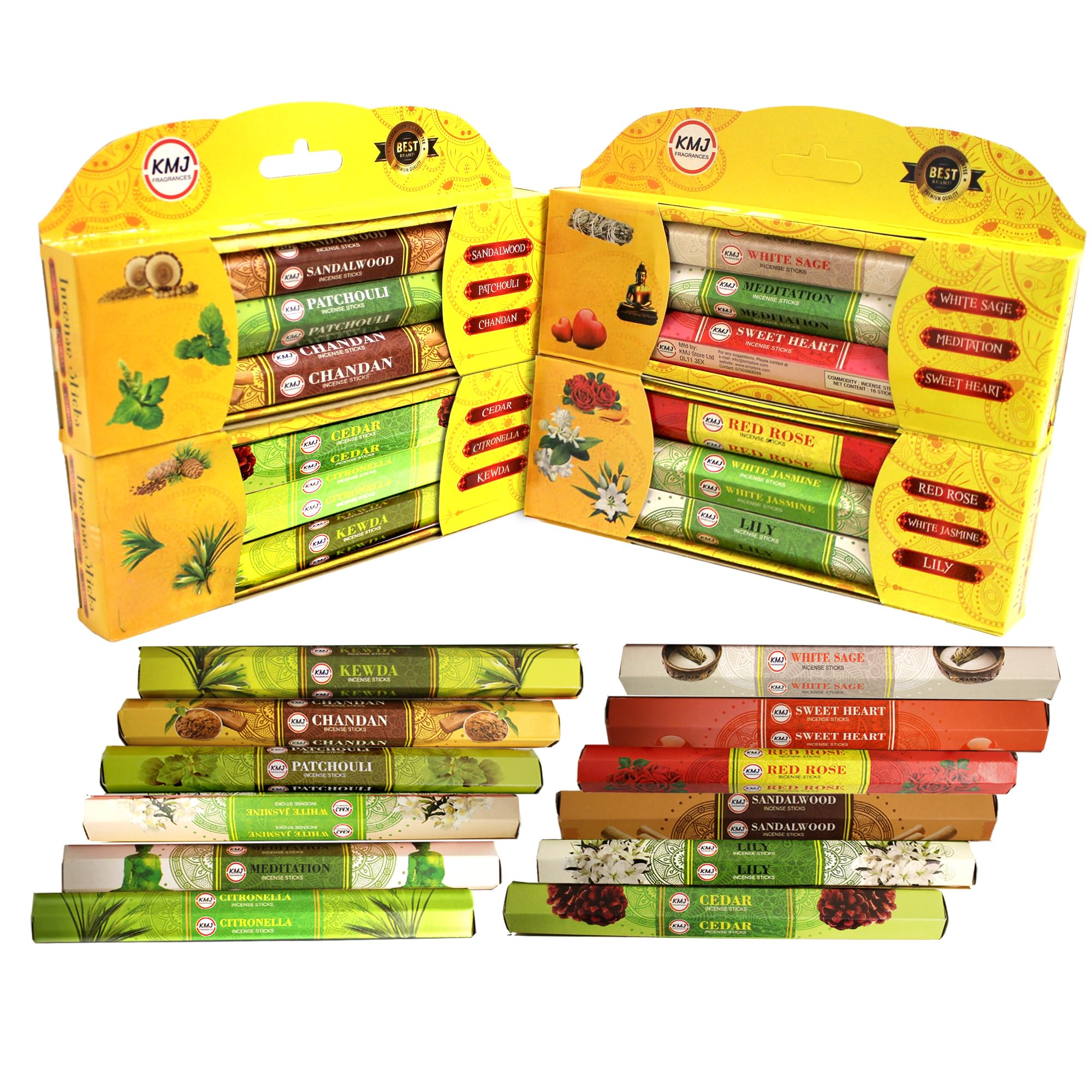 KMJ Incense Sticks - 16 Sticks x 12 Packs - Mixed Premium and Unique Flavors- Citronella Incense Sticks - White Sage - Sandalwood & Patchouli Incens Stiks