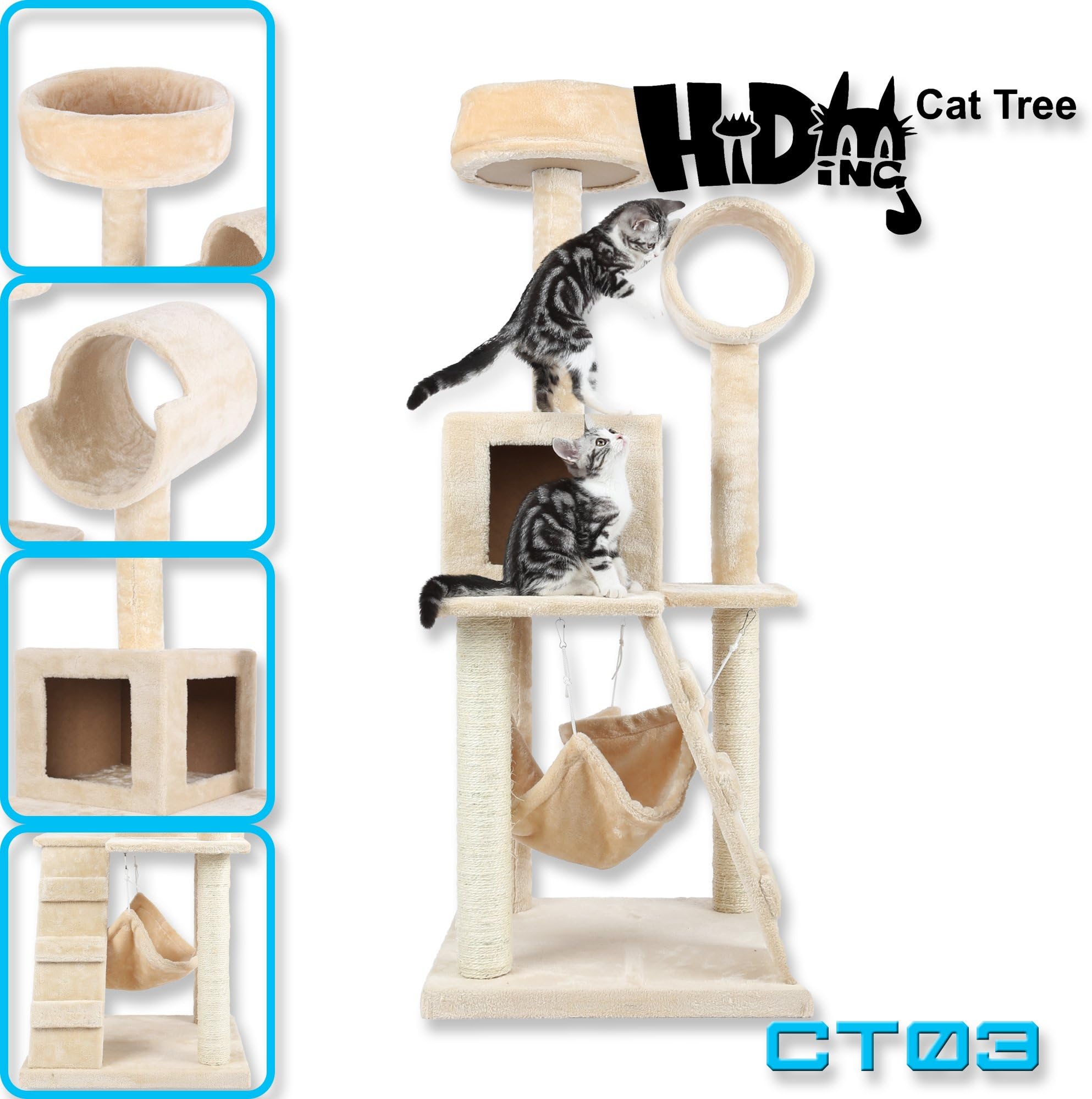 Hiding 49" Cat Tree Tower Condo Furniture Scratch Post Kitty Pet House Play Furniture Sisal Pole Stairs and Hammock (Beige)
