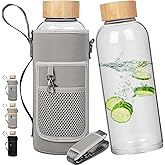 Ferexer 48 oz Sports Borosilicate Glass Water Bottle with Bamboo Lid with Neoprene Sleeve