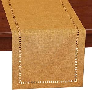 Grelucgo Handcrafted Solid Color Dining Table Runner, Dresser Scarf, Double-Hemstitched (Mustard Gold, 14 x 48)