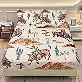 AILONEN Western Cowboy Horse Bed Sheet Set for Girls,Boys, Twin Size,Farmhouse Style Fitted Sheet Set for Gift,Tropical Cactus Plants 3Pcs Bedding Set for All Season,1 Sheet Set+ 2 Pilloowcases