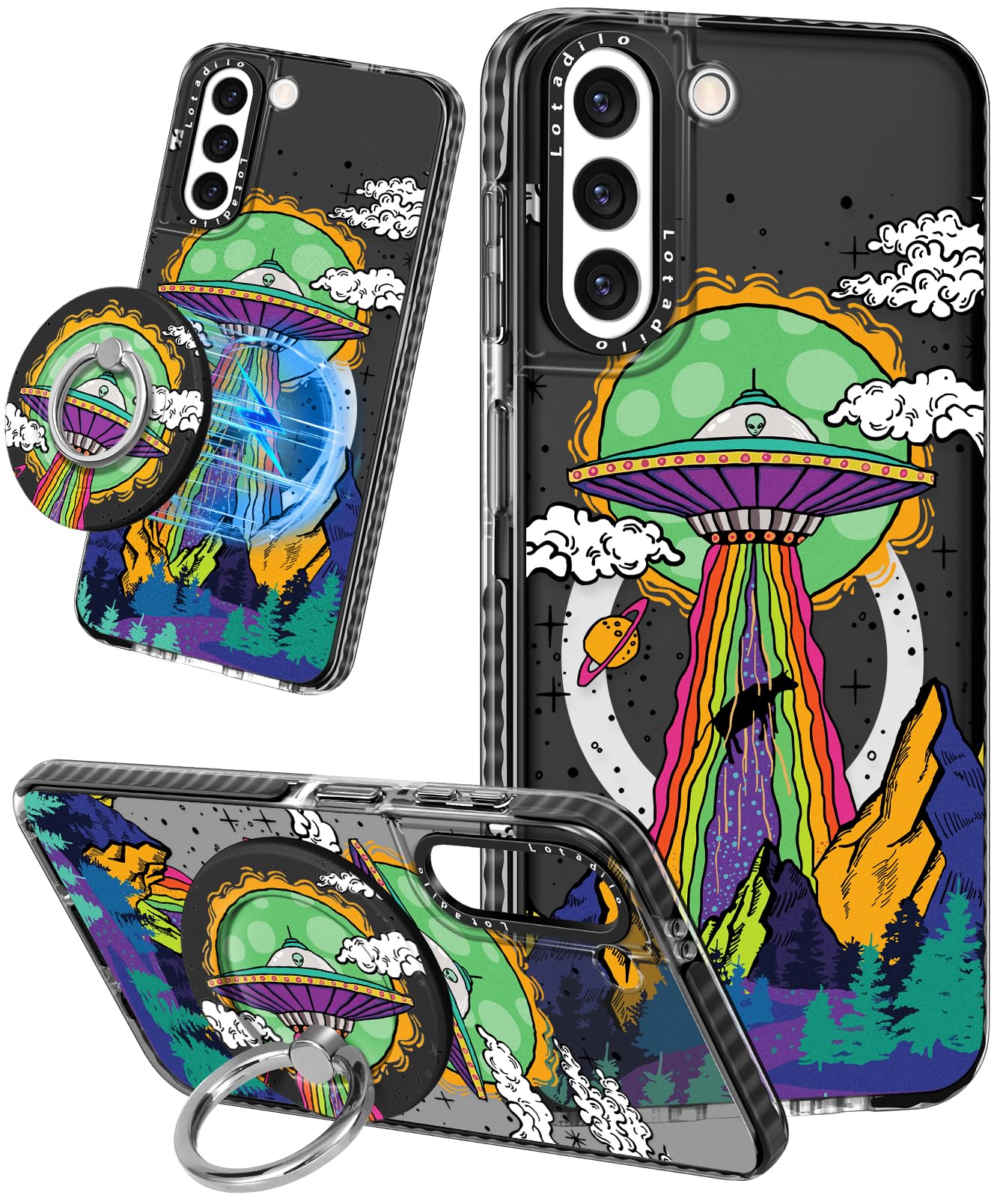 Photo 1 of Lotadilo Cute Case for Samsung Galaxy S21 Plus for Women Girls - Funny Design Compatible with Magsafe Magnetic Ring Holder Kickstand Art UFO Alien Fashion Pattern TPU Phone Covers