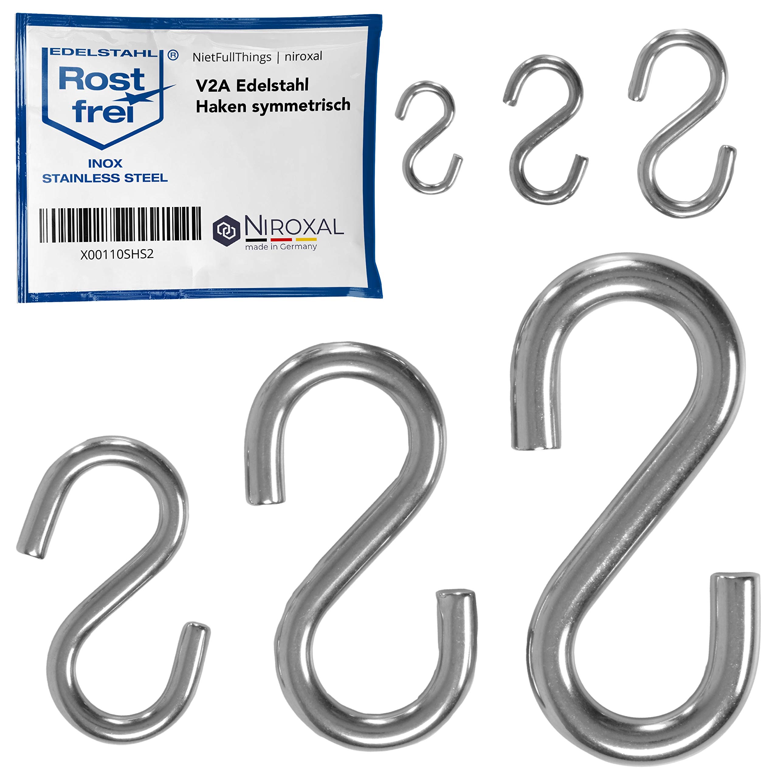 NietFullThings Stainless Steel Symmetrical S Hooks V2A Heavy Duty Hooks for Hanging Kitchen Storage Garden 4 mm x 32 mm Pack of 5