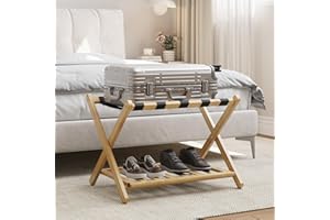 Smart FENDEE Fully Assembled Luggage Rack for Guestroom with Shoe Shelf, Large Suitcase Racks, Bamboo Foldable Suitcase Stand