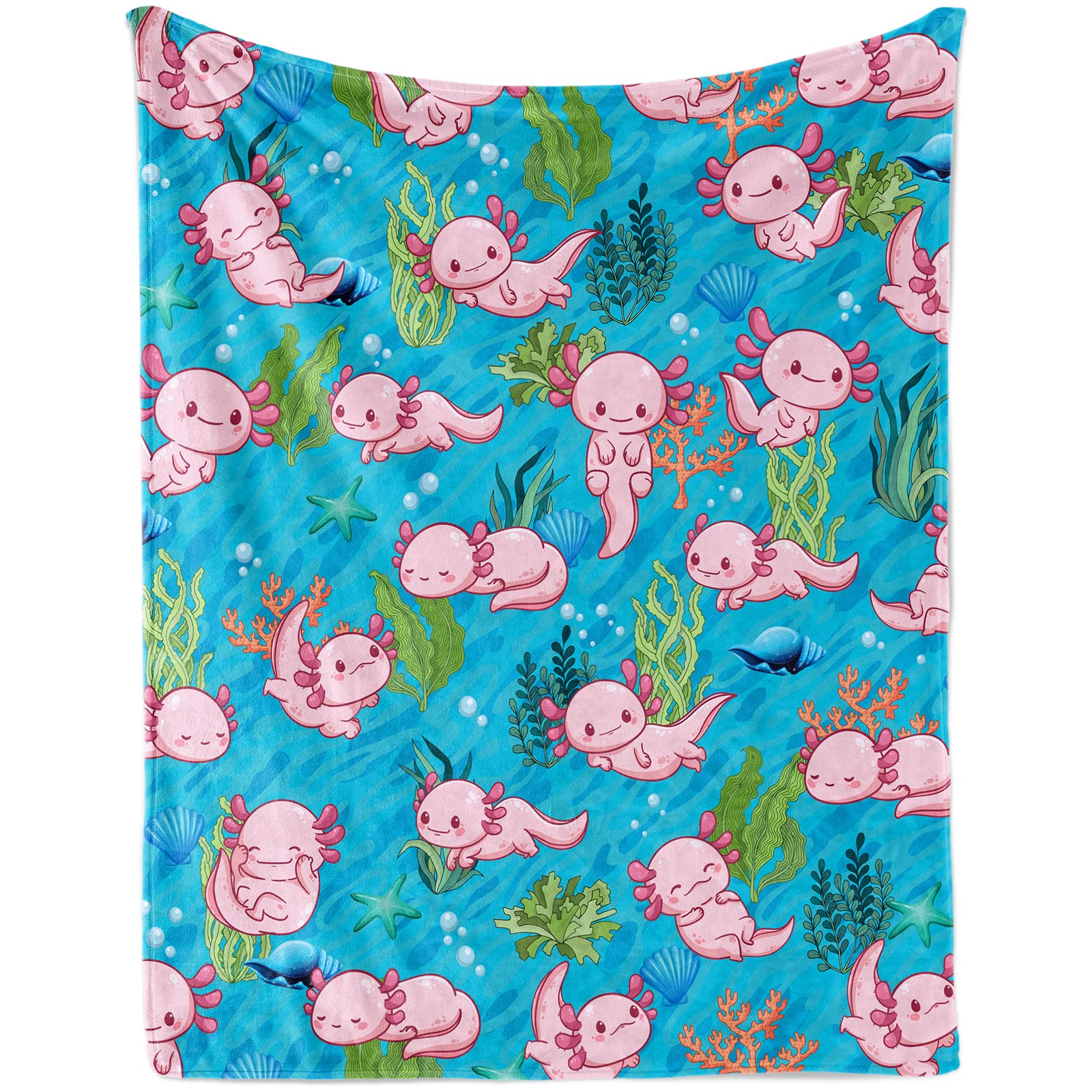 Cute Axolotl Blanket Gift for Girls Boys, Soft Plush Pink Axolotls Flannel Blanket for Baby Newborn Crib, Cozy Warm Blue Ocean Axolotls Fluffy Throw Blanket for Toddler Kids Couch Sofa, 100 x 130 cm