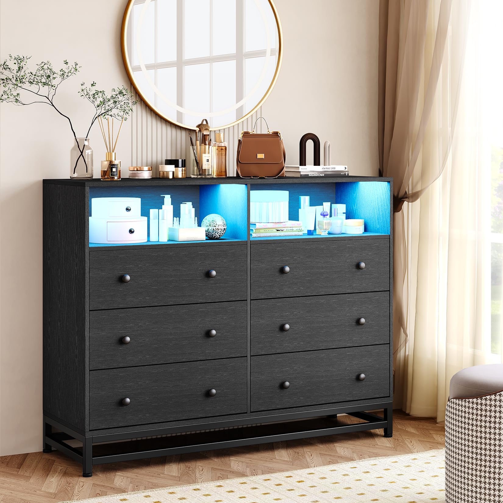 Photo 1 of GarveeHome 6 Drawers Wooden Dresser for Bedroom, Solid Wood Dressers with Charging Station and LED Lights, Modern TV Stand Dressers for 50" TV, Wide Chest of Drawers Dresser for Adult (Black)