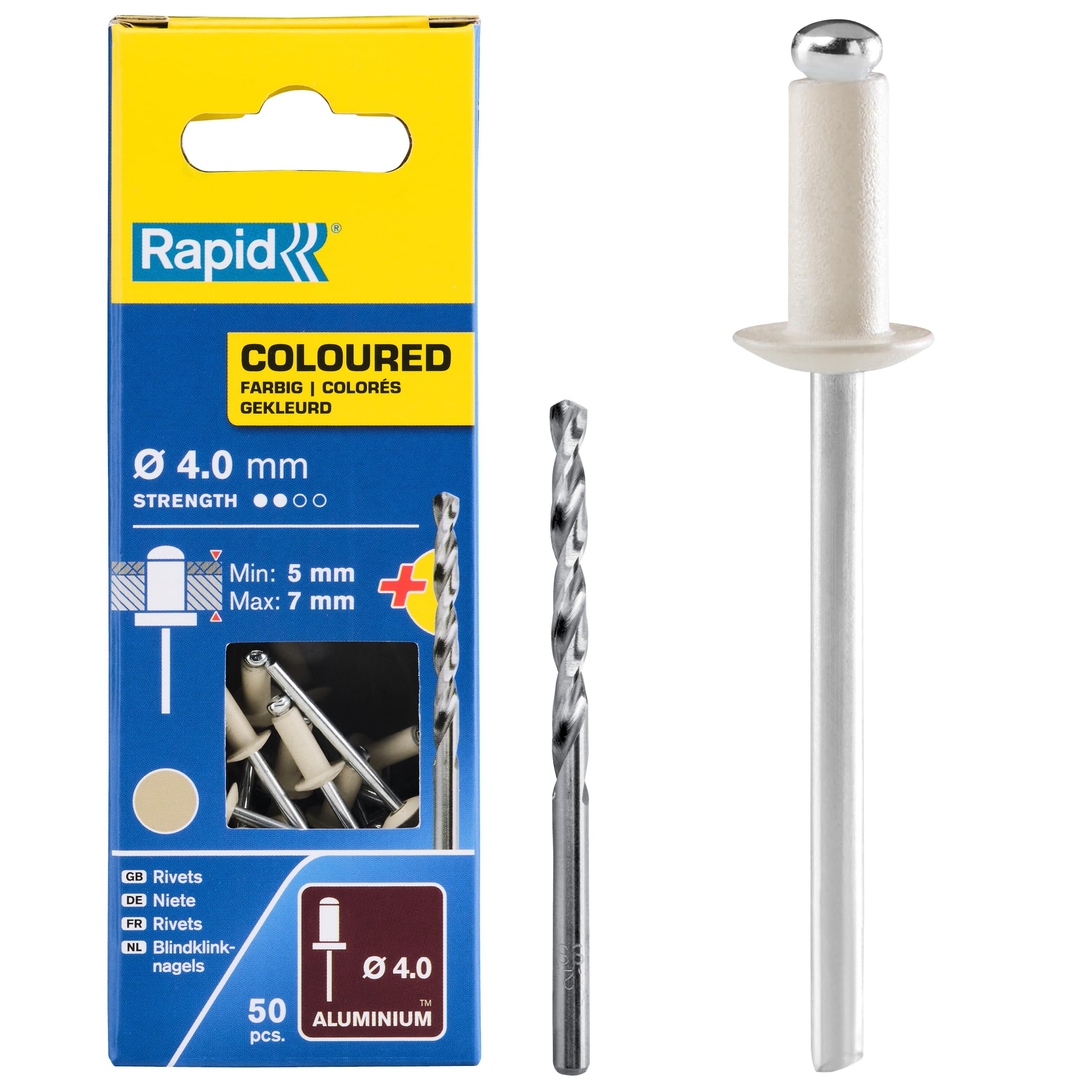 Rapid High Performance Cream White Aluminium Rivets, Ø4 x 10 mm - 4mm Rivets for Gutters, Piping, and Sheet Metal - Includes Drill - 50 Pieces, Carton Boxed (5001464)