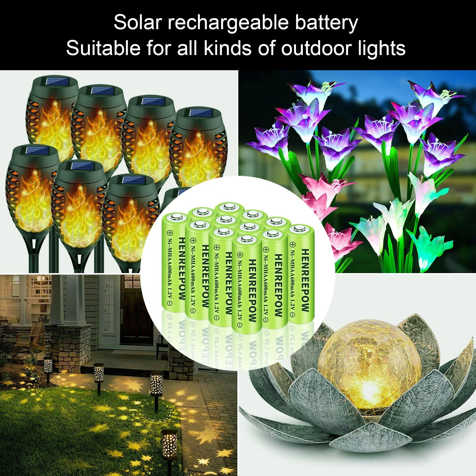 Henreepow Ni-MH AA Rechargeable Batteries, Double A High Capacity 1.2V Pre-Charged for Garden Landscaping Outdoor Solar Lights, String Lights, Pathway Light (AA-600mAh-12pack)