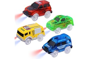 ARRAROWN Tracks Cars 4PCS Magic LED Light-up Track Car Replacement Only,Flex Race Cars Glow in The Dark with 5 Flashing LED Lights Fits Most Tracks,Perfect Car Toys for 3-8 Kids,Boys&Girls