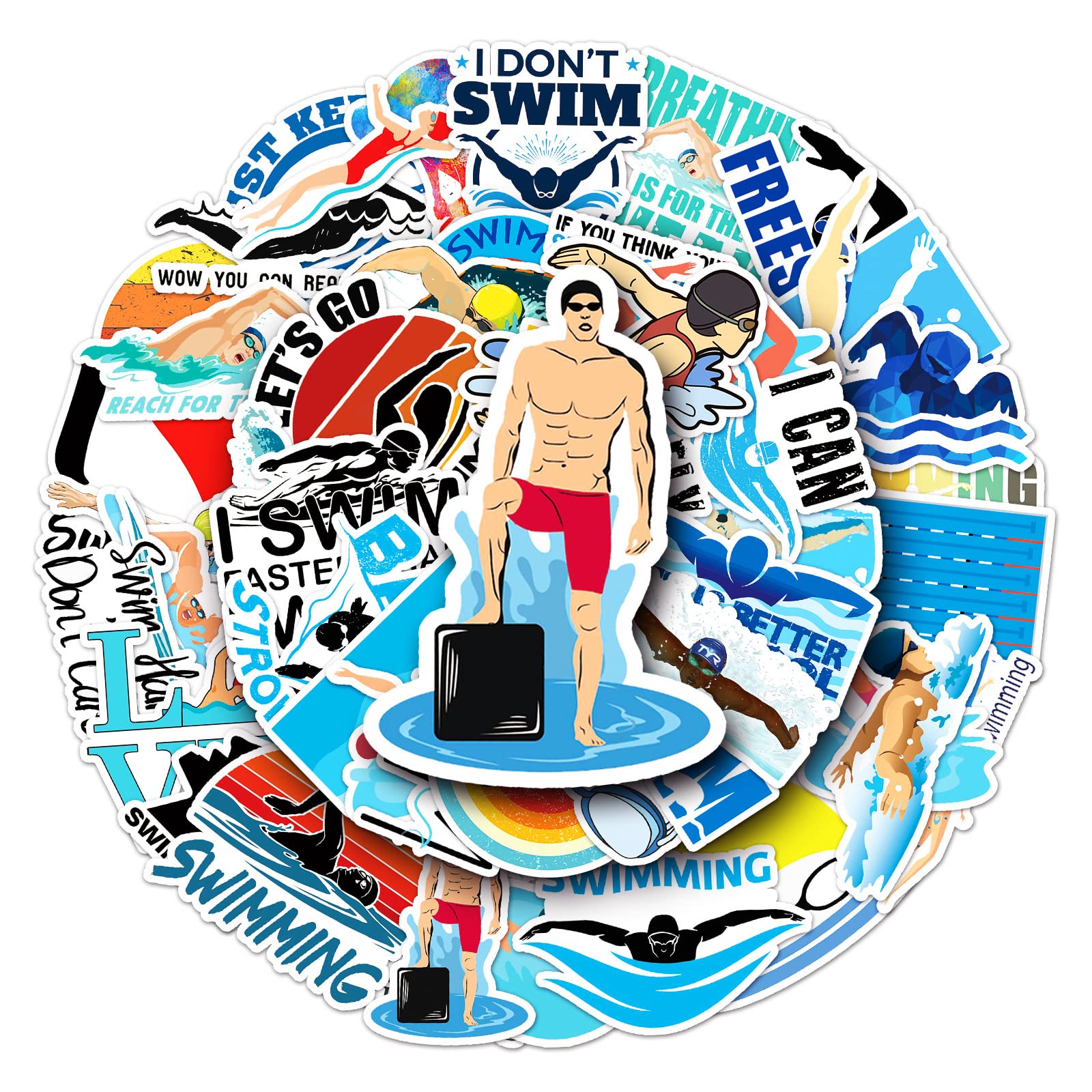 Swimming Stickers for Laptop (50 PCS),Gift for Children Teens Adults Girl Boys,Waterproof Stickers for Water Bottle,Swim Vinyl Stickers for Scrapbook,Skateboard,Bike,Phone,Dairy