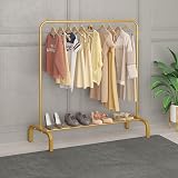 JIUYOTREE 110cm Metal Garment Rack with Bottom Shoe Shelf Gold view 4