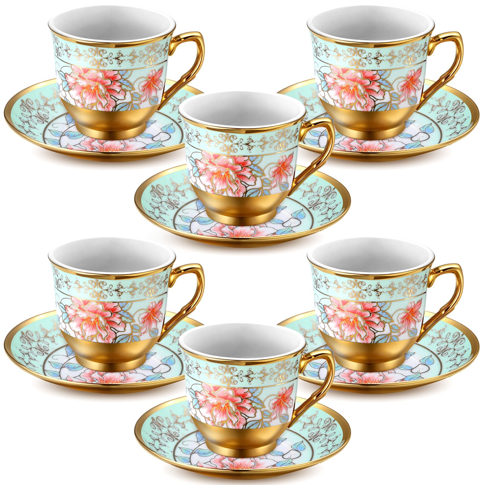 Photo 1 of ***(Minor Damage)***Acellegic Vintage Floral Tea Cups and Saucers Set of 6 (3 Oz), Porcelain Tea Cup Sets Assorted Colors with Gift Box for Cappuccino, Macchiato, Birthday Party Supply