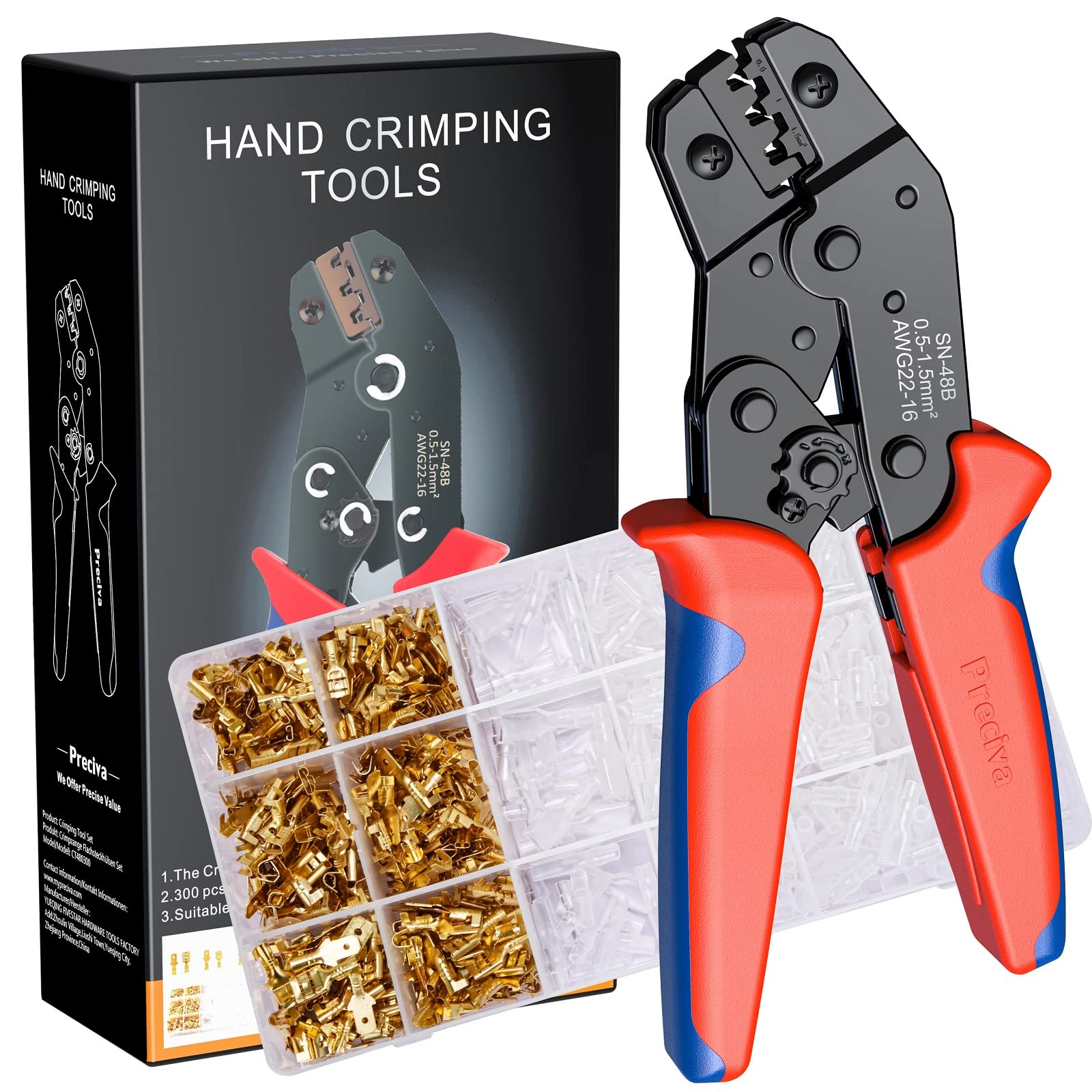 Crimping Tool Kit for Spade Connectors, Preciva Ratchet Cable Crimper Plier 0.5-1.5mm²/AWG22-16, Electrical Flat Receptacles Plier, Wire Crimping Tool with 600pcs Brass Lug Set(Crimping Tool Set)