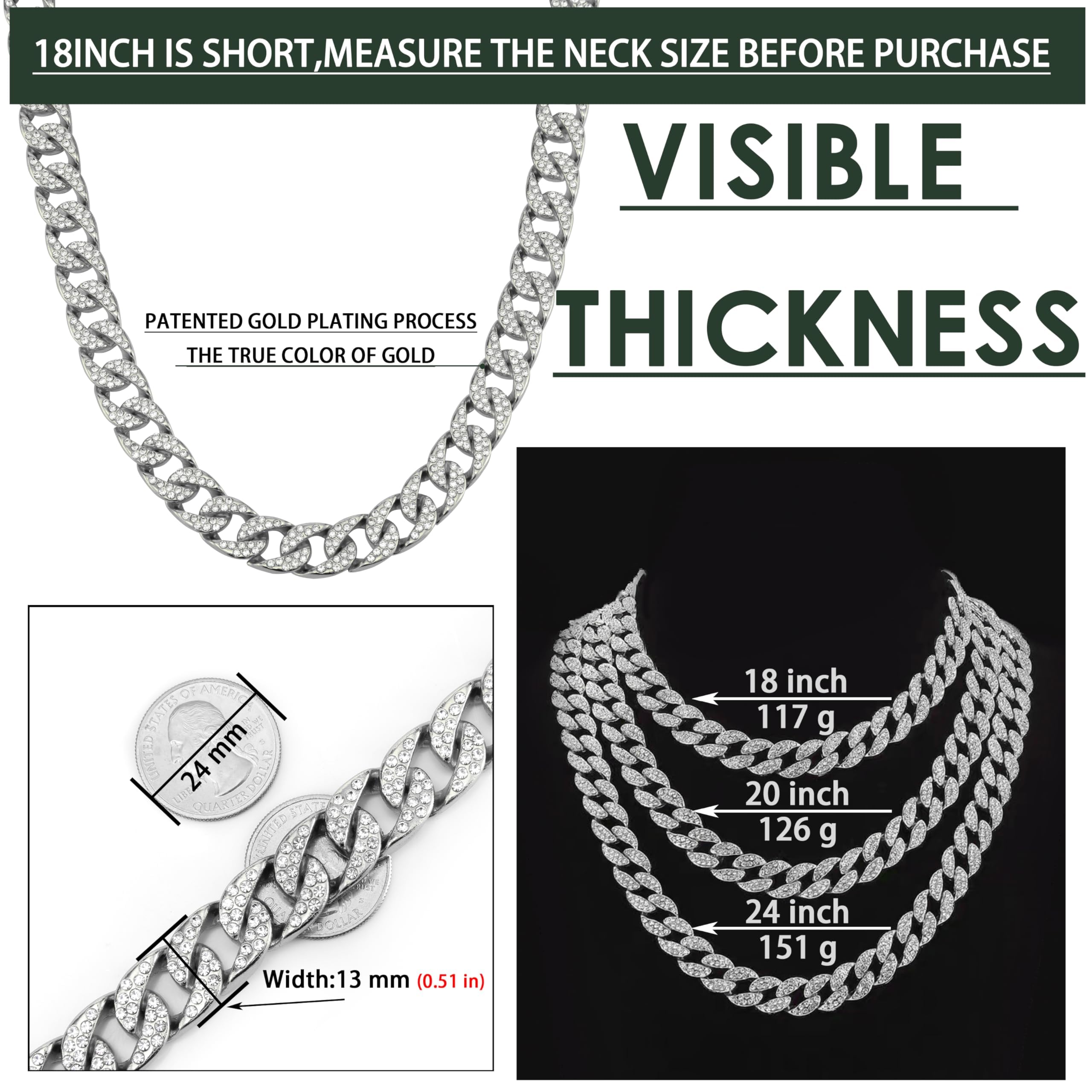 Choolfson Miami Mens Cuban Link Chain Silver Gold Plated Bling Cuban Necklace Diamond Chain for Men Women 13MM iced out chain Hip Hop pendant Jewelry.