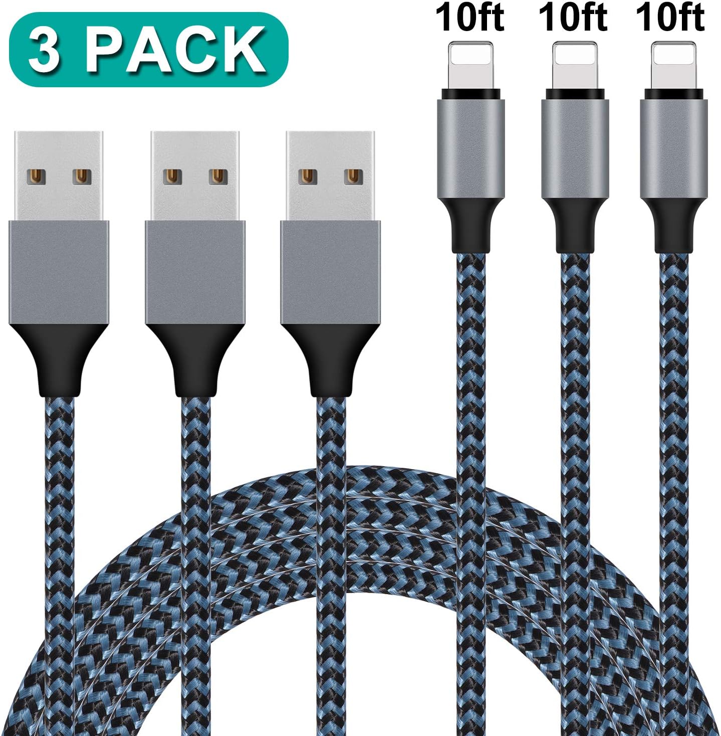 Atill iPhone Charger 10FT iPhone Charger Cable Nylon Braided Charging Cord Compatible iPhone 14/13/12XR XS XSMax X 8 8 Plus 7 7 Plus 6 6s Plus SE 5 5s 5c (Blue), 3 Pack