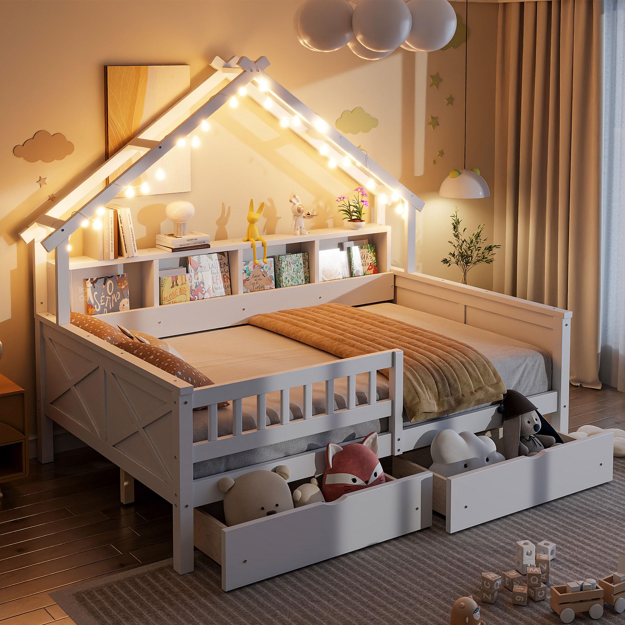 Photo 1 of ***PARTS ONLY BOX 1 OF 2***Merax Full Size House Platform Bed with LED Lights, Storage Shelves & Drawers - Bed with Guardrail, Sturdy Pine Wood & MDF Frame, White