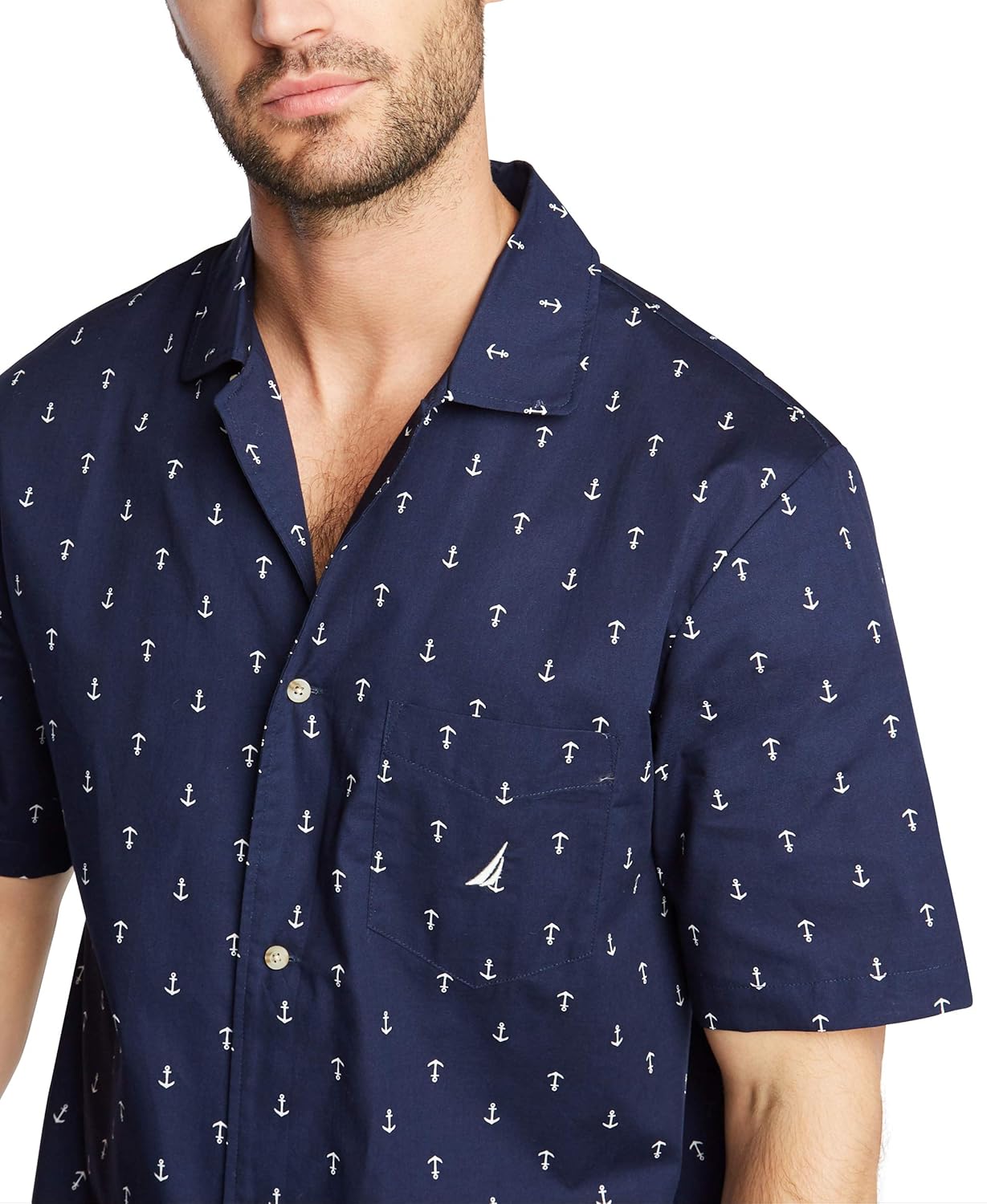 Nautica Men's Short Sleeve 100% Cotton Soft Woven Button Down Pajama Top at  Men’s Clothing store