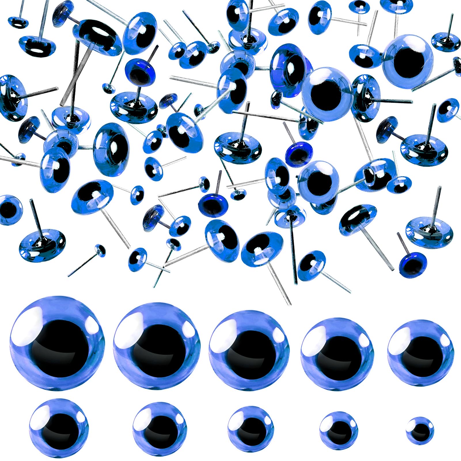 TOAOB 100pcs 3mm to 12mm Blue Plush Animal Doll Eyes Round Crystal Glass with Steel Pin for Puppet DIY Crafts Jewellery