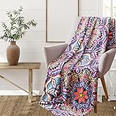 Decorative Luxury Floral Fleece Throw Blanket: Mandala Bohemian Boho Botanical Paisley Damask Velvety Soft, Bright Shades of Purple Pink Yellow White Durable Plush Accent for Bed or Couch, 50" x 70"