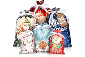 YOGINGO 20 Packs Christmas Drawstring Gift Bags, Assorted Sizes Small to Large with 6 Colorful Designs & Tags, Perfect for Holiday Wrapping, Party Favors & Xmas Decorations (20 Packs)