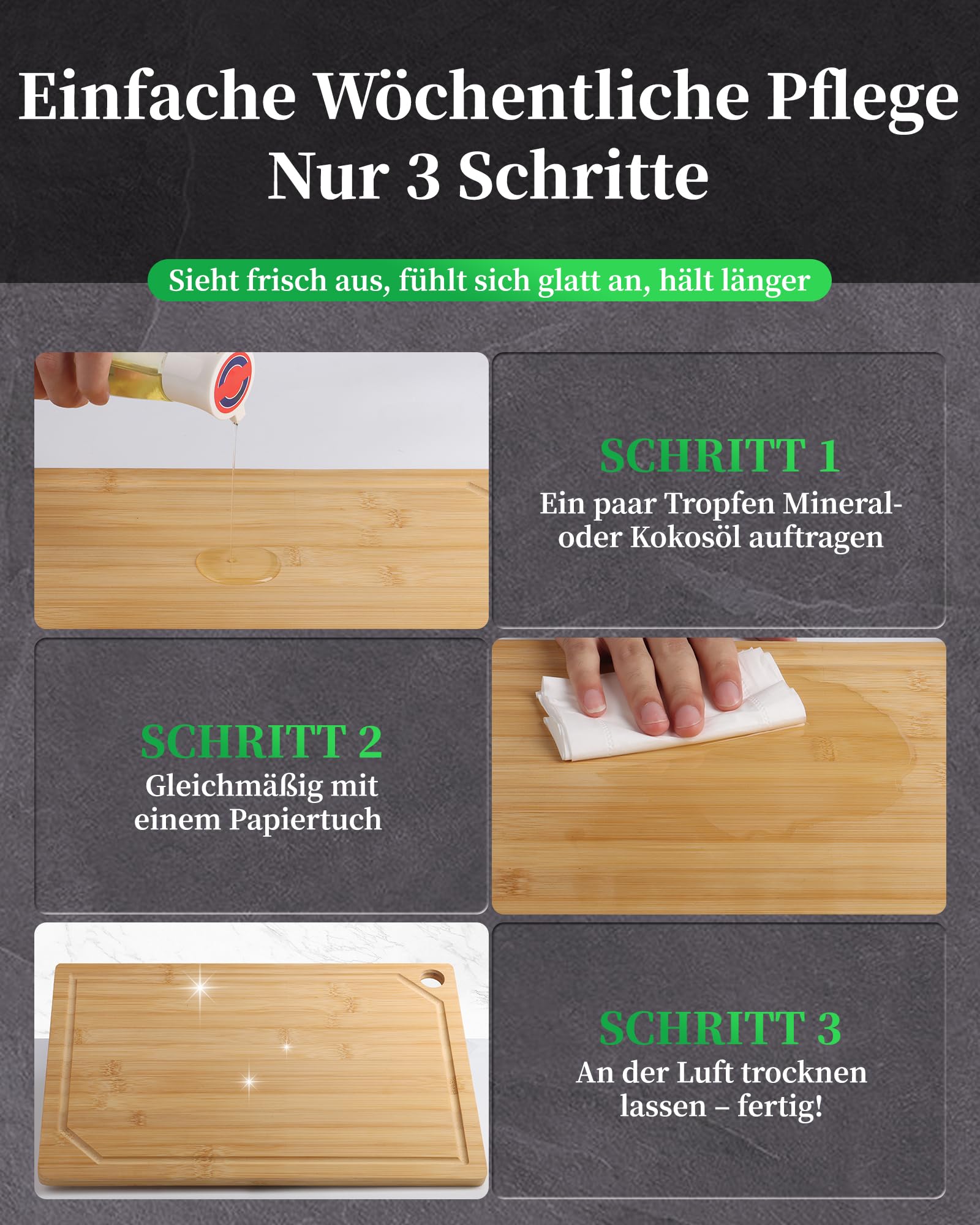 Kitsure Bambus-Schneidebrett – Holzschneidebrett, mit tiefen Saftrillen, zum Schneiden, Hacken & Servieren, groß, natur, 38.0 x 25.5 x 1.2 cm 8