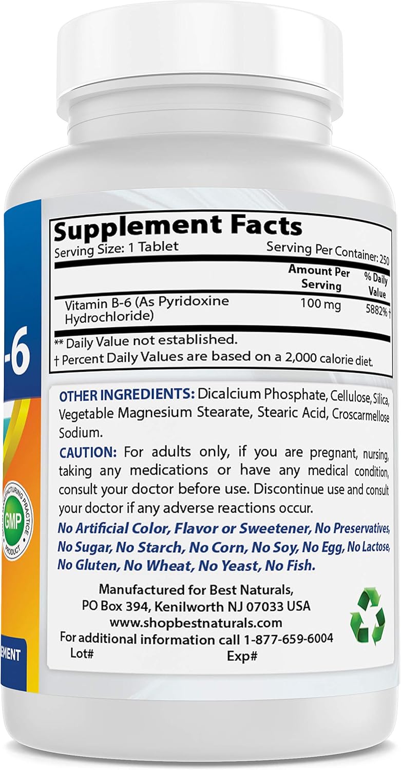 Best Naturals Vitamin B6 Tablet, 100 mg, 250 Count: Health & Personal Care