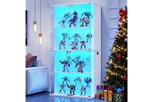 Lvifur Display Cabinet with Glass Doors,66' Curio Cabinet with Lockable,4-Tier Bookcase with 3 Color Lights for Collectibles,Storage Cabinets with Human Body for Books,Toys,White