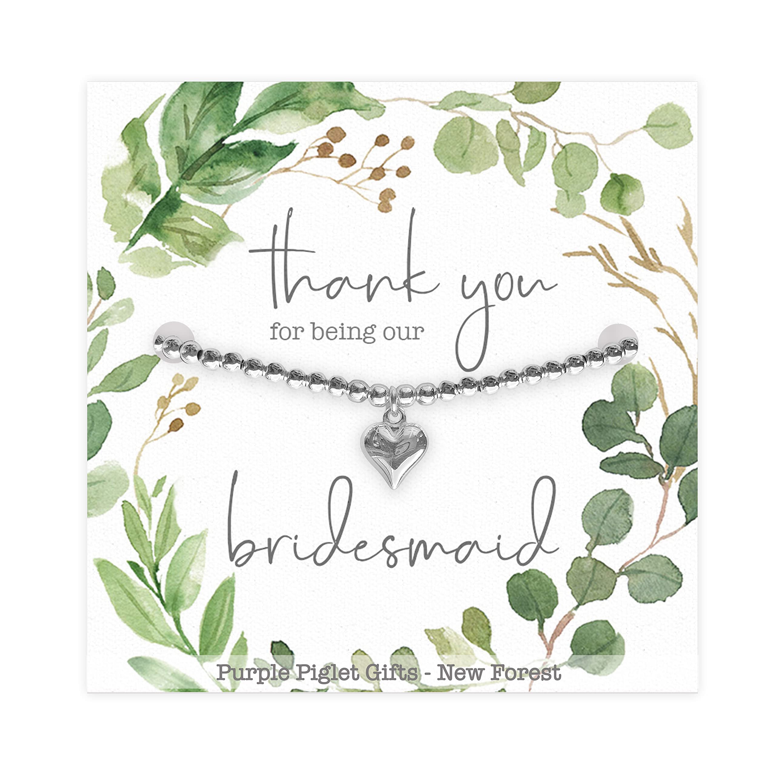 Purple Piglet Gifts Thank You Bridesmaid Gift – Adjustable Silver Bracelet with Sterling Silver Heart Charm - Gift Box Included - Jewellery Gift for Bridesmaids - One Size Fits All
