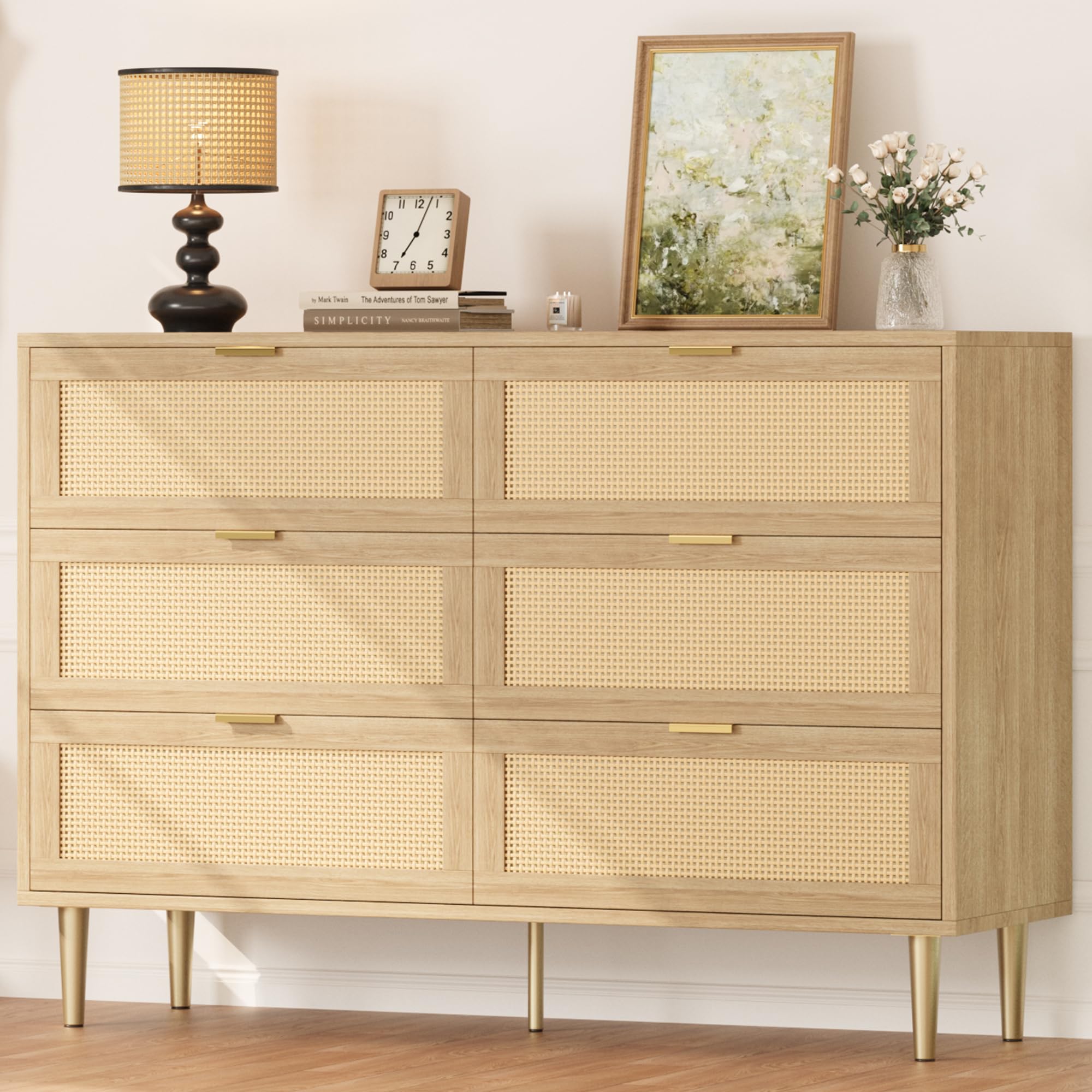 Photo 1 of ** similar missing parts used *****IDEALHOUSE Natural Rattan 6 Drawer Dresser for Bedroom, Modern Chest of Drawers with Gold Legs and Gold Handles, Wide Double Dresser with Large Tabletop and Anti-Tipping Design for Bedroom Living Room