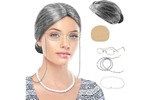 Qyyiguf Old Lady Wig Costume Set for Halloween Party,Kids 100 Days of School,Grandma Wig,Wig Caps,Pearl Necklace,Glasses,Eyeglass Retainer Chain(5 Pieces)