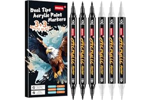 Droaful White Black Acrylic Paint Pens Markers, 6 Pc Dual Tips Waterproof Paint Markers For Rock Painting, Fabric, Metal, Glass, Wood, Canvas, Ceramic, Pumpkins, Eggs, Plastic, Non-Toxic & Odor