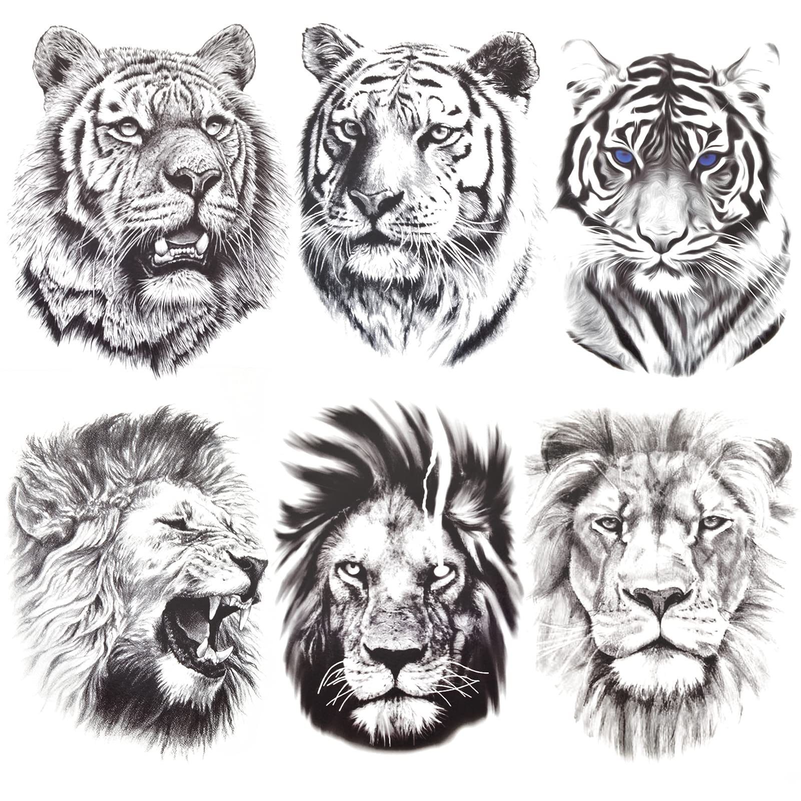 AIBAOBAO 6 Sheets 3D Realistic Large Temporary Tattoos Stickers, Large Fake Tattoos Lion Tiger Wolf for Men Women, Black Animals Sketch Body Chest Shoulder Neck Face Arm Thigh for Party, Easter Party