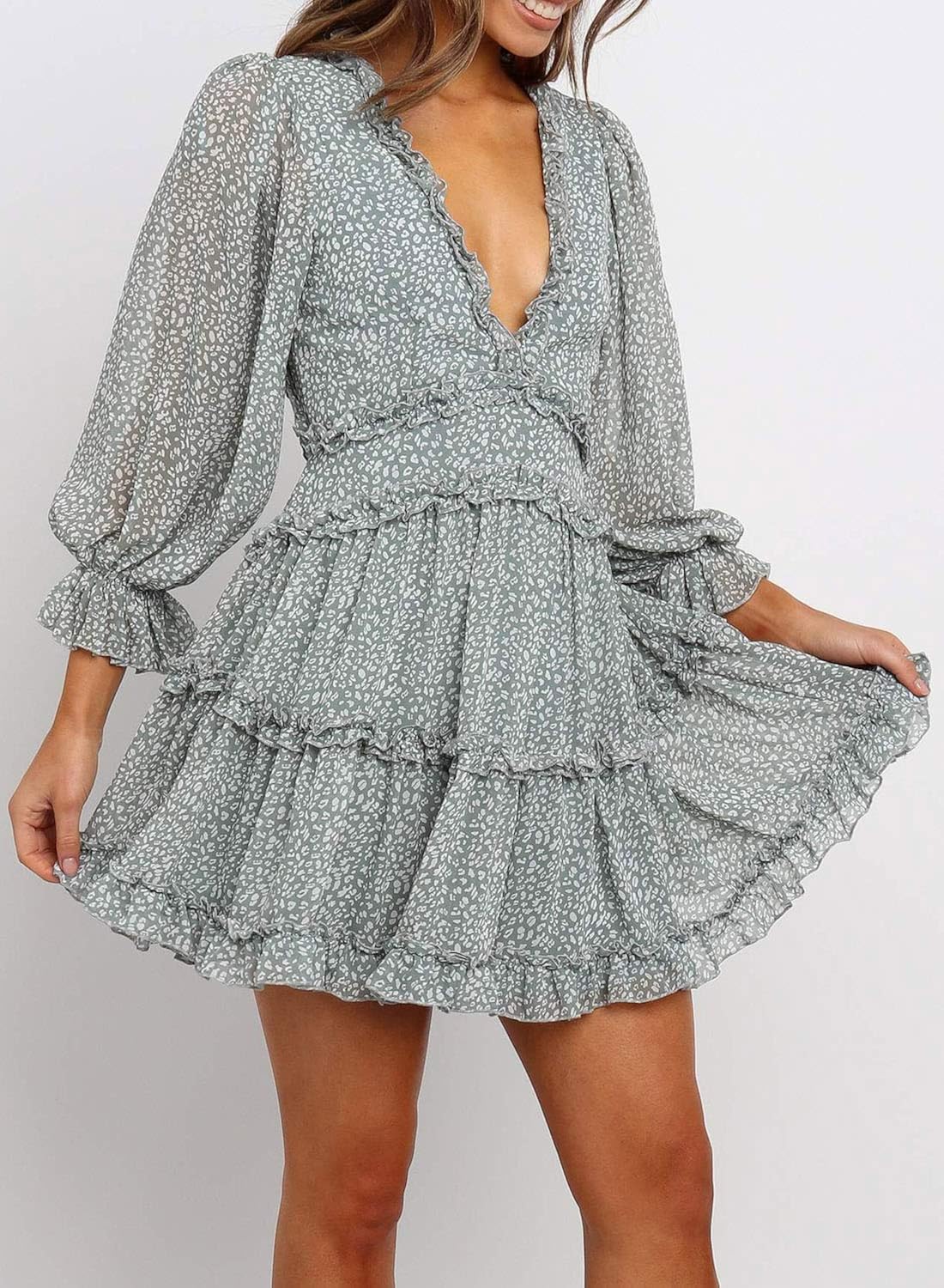 Happy Sailed Women Long Sleeve Ruffle Layer Backless Swing Mini Dresses: Clothing