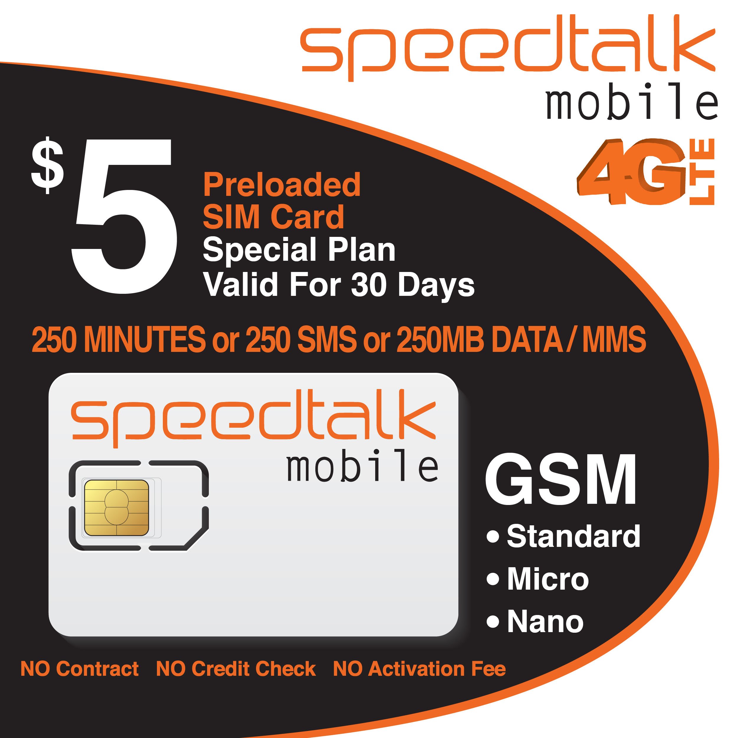 SpeedTalk Mobile $5 SIM Card Kit for 5G 4G LTE iOS Android Smart Phones 250 Minutes OR 250 Text or 250MB Data Cellphone Plan | 3 in 1 Simcard - Standard Micro Nano | 30 Days Service | USA Coverage