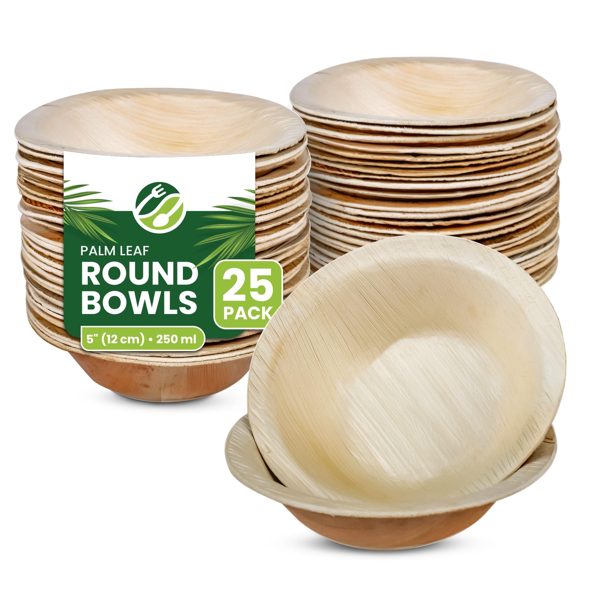 ECO Leaf 25 Disposable Palm Leaf Round Bowls, 5" (12cm), 250ml (8oz) - Compostable, Eco-Friendly, Biodegradable Heavy-Duty Dessert & Salad Bowls for Weddings, Parties & Picnics, Microwave Safe