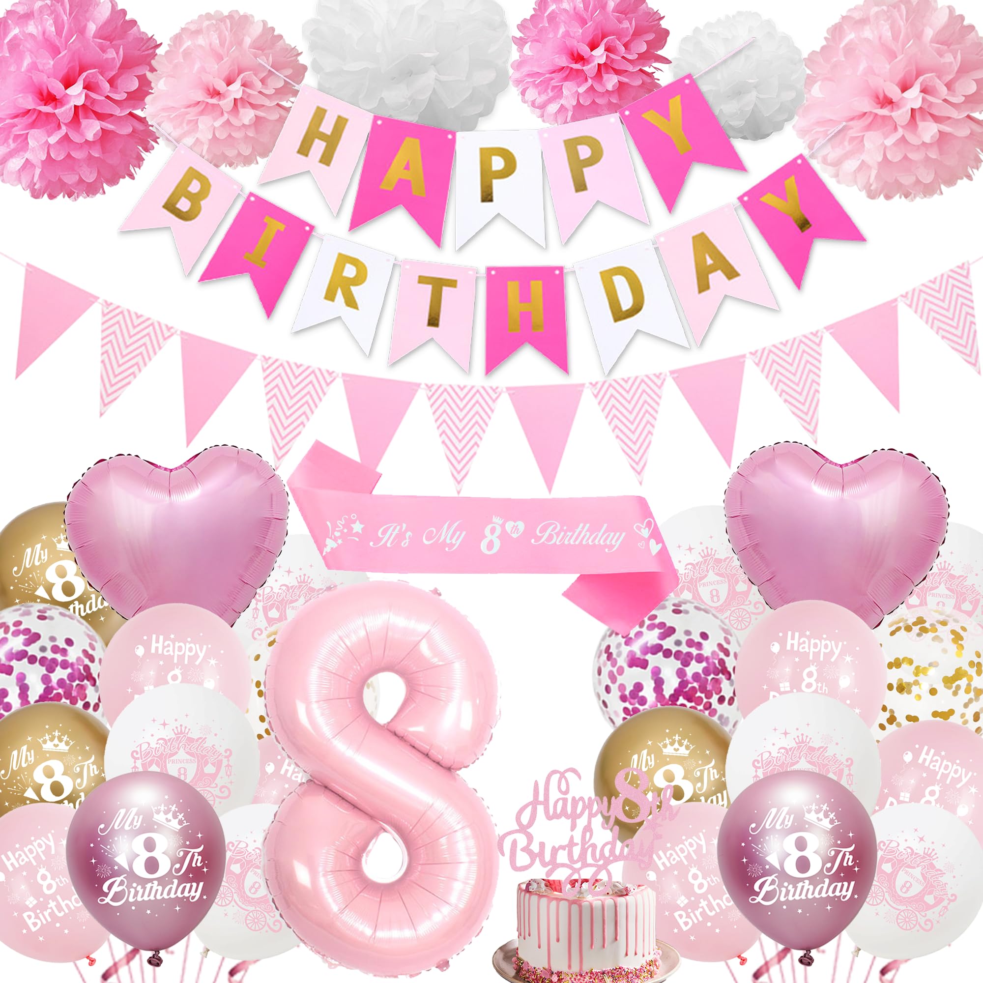 8th Birthday Decorations for Girls Pink - Happy 8th Birthday Party Number 8 Balloon Latex Balloons Banner Pennant, Cake Topper Sash Tissue Paper Pom Poms for 8-Year-Old Decoration Supplies — image 1