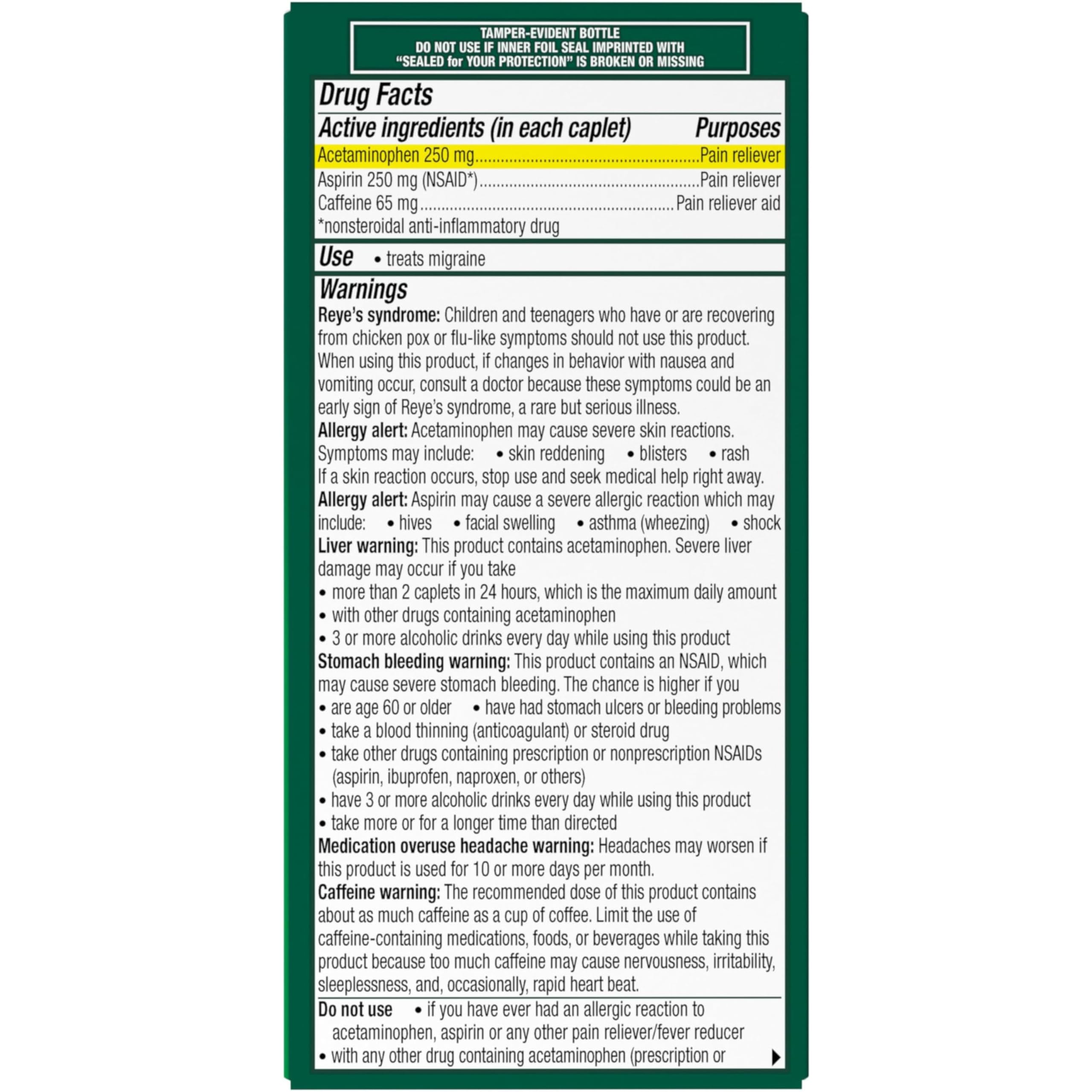 Excedrin Migraine Relief Caplets for Migraine Symptoms, Acetaminophen 250mg, Aspirin 250mg, Caffeine 65mg, Pain Reliever, 100 Count