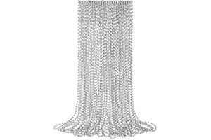 YAXINRUI 24 PCS Silver Bead Necklaces, Silver Mardi Gras Christmas Beads Necklaces, Patriotic Necklaces, 33 Inch Beaded Necklaces for Mardi Gras Christmas Party, 4th of July and New Year Eve Festive Events