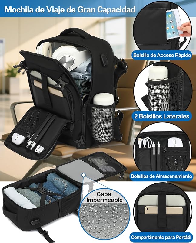 Mochila 40x30x20 Viaje Cabina Avión Equipaje de Mano Aprobada para Ryanair EasyJet Eurowings Hombre Mujer 24L Negro