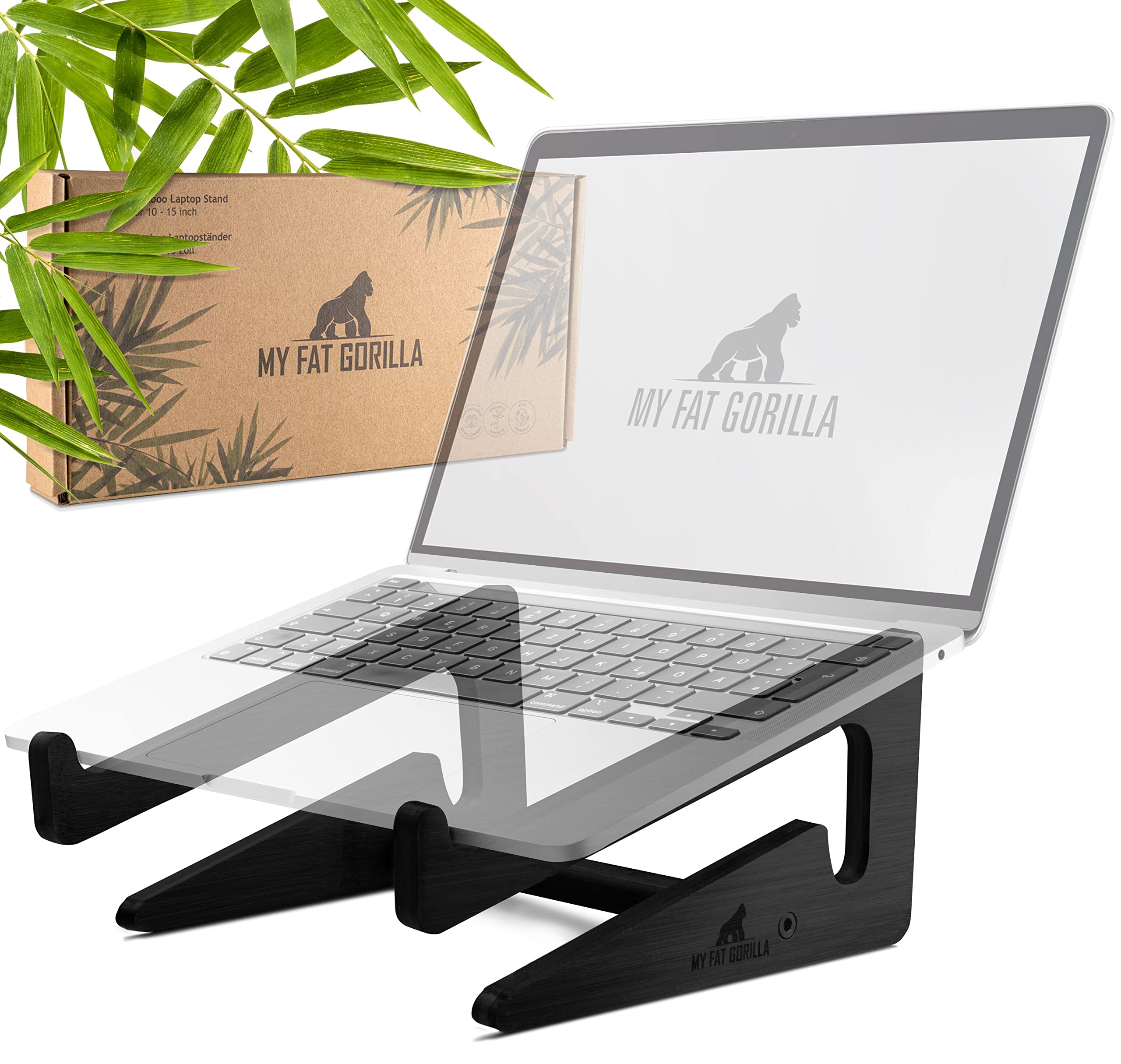 MY FAT GORILLA Bamboo Laptop Stand, Ergonomic Universal Holder for Notebook Raiser, Compatible for 10-15 Inches, Laptop Holder Desk, Vertical Laptop Stand (Black)