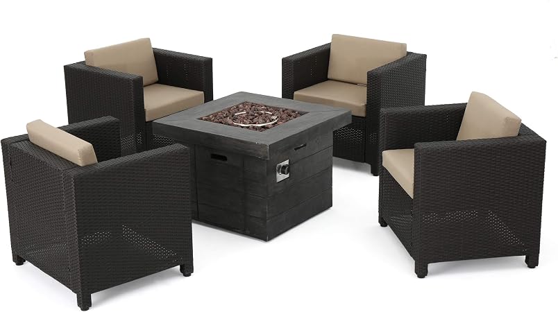 Amazon Com Gdfstudio Venice Patio Furniture 5 Piece Outdoor Wicker Patio Chair Set With Propane Fire Table Pit 40 000 Btu Garden Outdoor