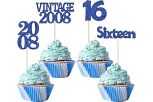 Gyufise 24Pcs 16th Birthday Cupcake Toppers Glitter Sixteen Vintage 2008 Sweet 16 Cupcake Picks Hello 16 Years Birthday Cake Decorations for Happy 16th Birthday Anniversary Party Supplies Deep Blue
