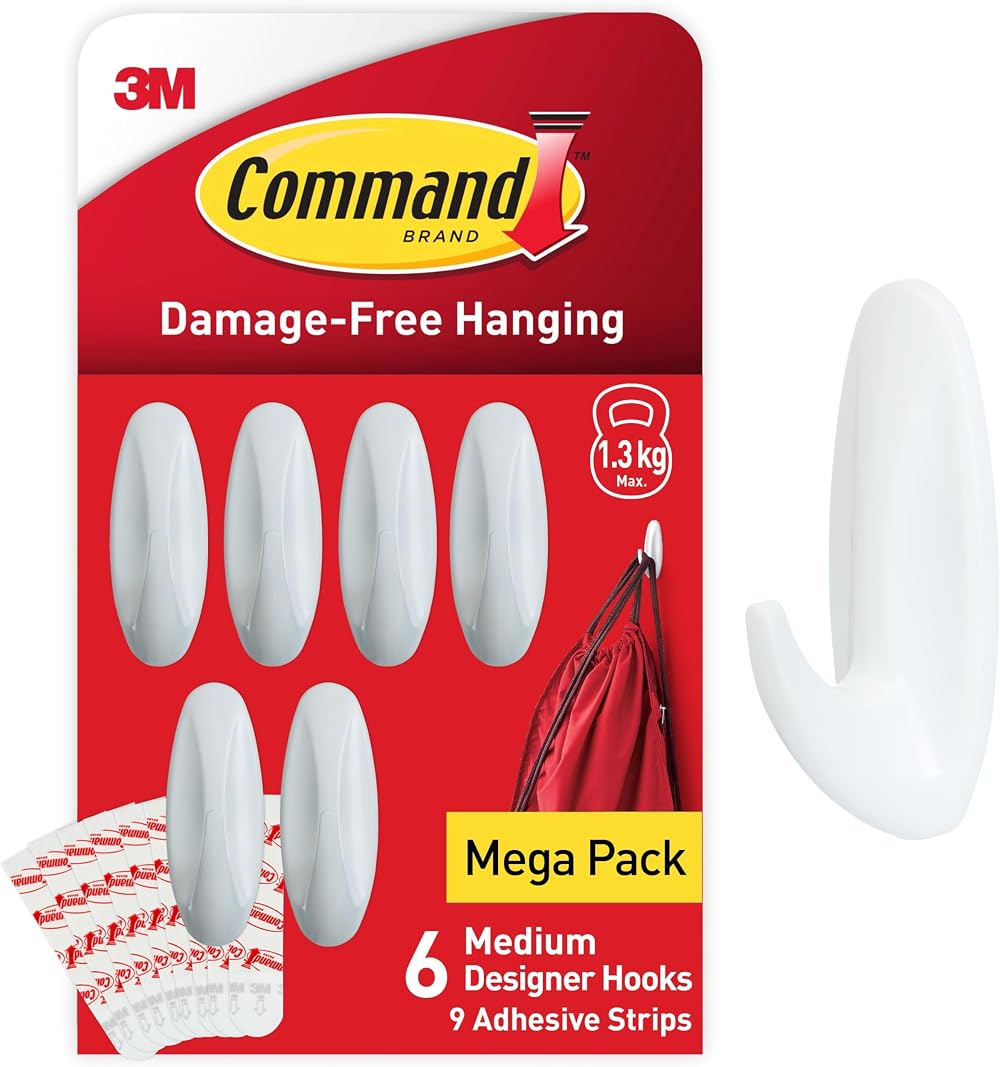 Command Medium Designer Hooks White Pack of 6 Hooks and 9 Strips 1.3 kg