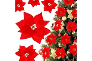 Luyue 12 PCS Real Touch Poinsettia Flowers Artificial Poinsettia Christmas Decorations Red Poinsettia Picks Fake Christmas Flower with Stems and Clips Xmas Floral for Christmas Tree Wreath Home Decor