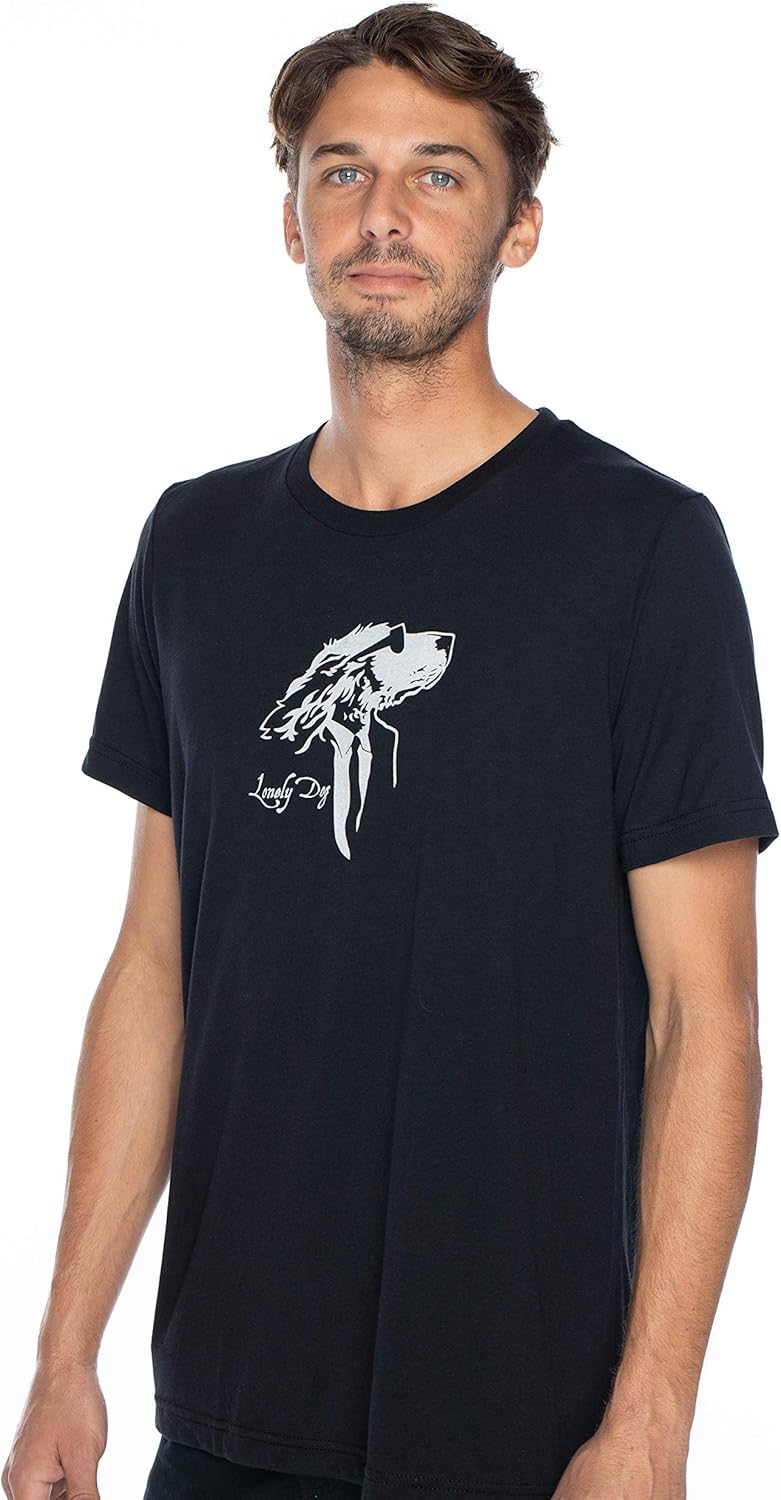 Lonely Dog T-Shirt-Short Sleeves Novelty Shirt with Center and Offset Dog Logo: Clothing